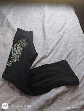 Romeo & Juliet Couture Black Leggings with Silver Rhinestone Wing
